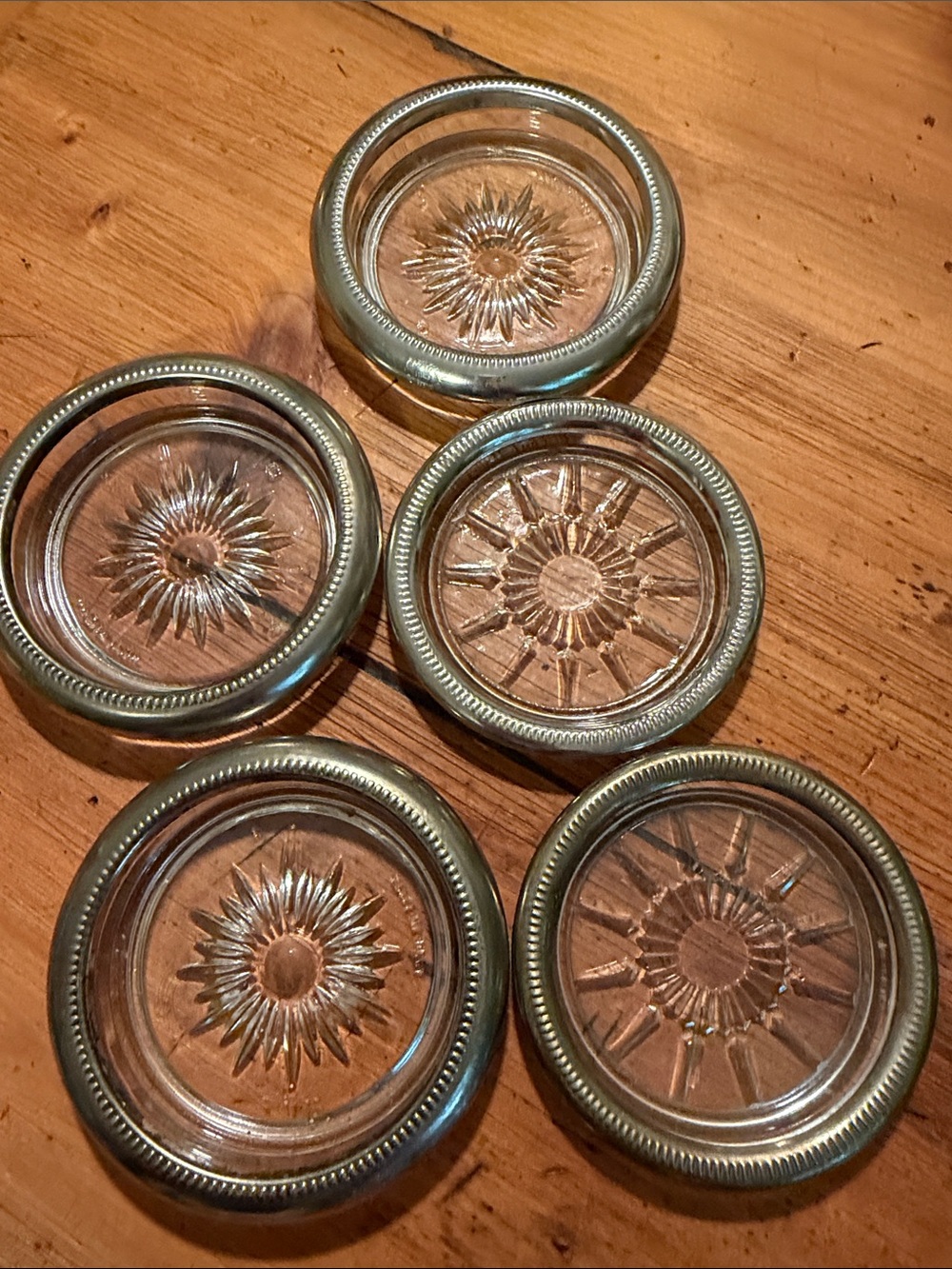 Set of 5 Glass Coasters with Sunburst Pattern and Silver Plate Rims